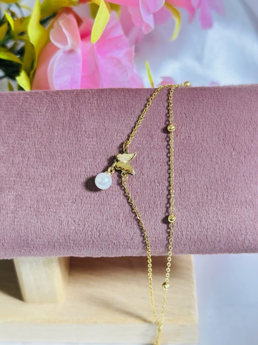 Anti Tarnish Butterfly Pearl Charm Bracelet