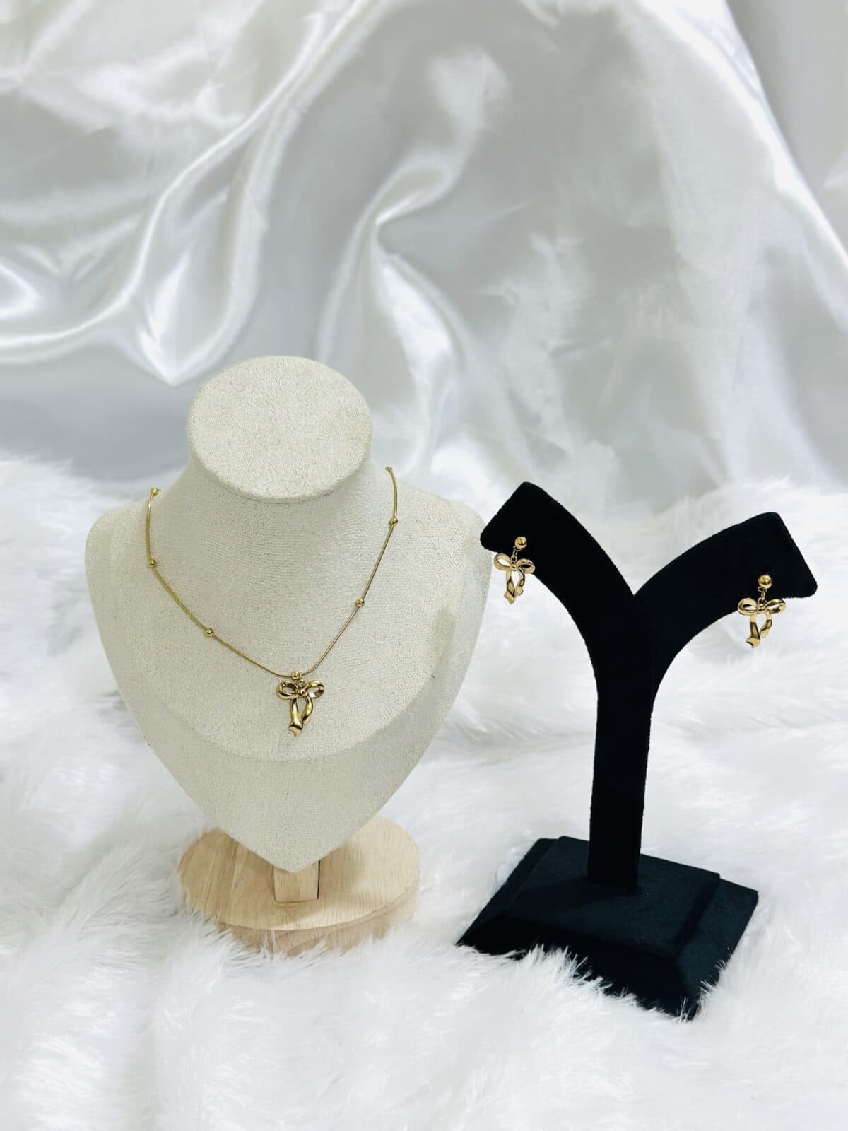 Anti tarnish Bow Charm Necklace & Earrings Combo Set