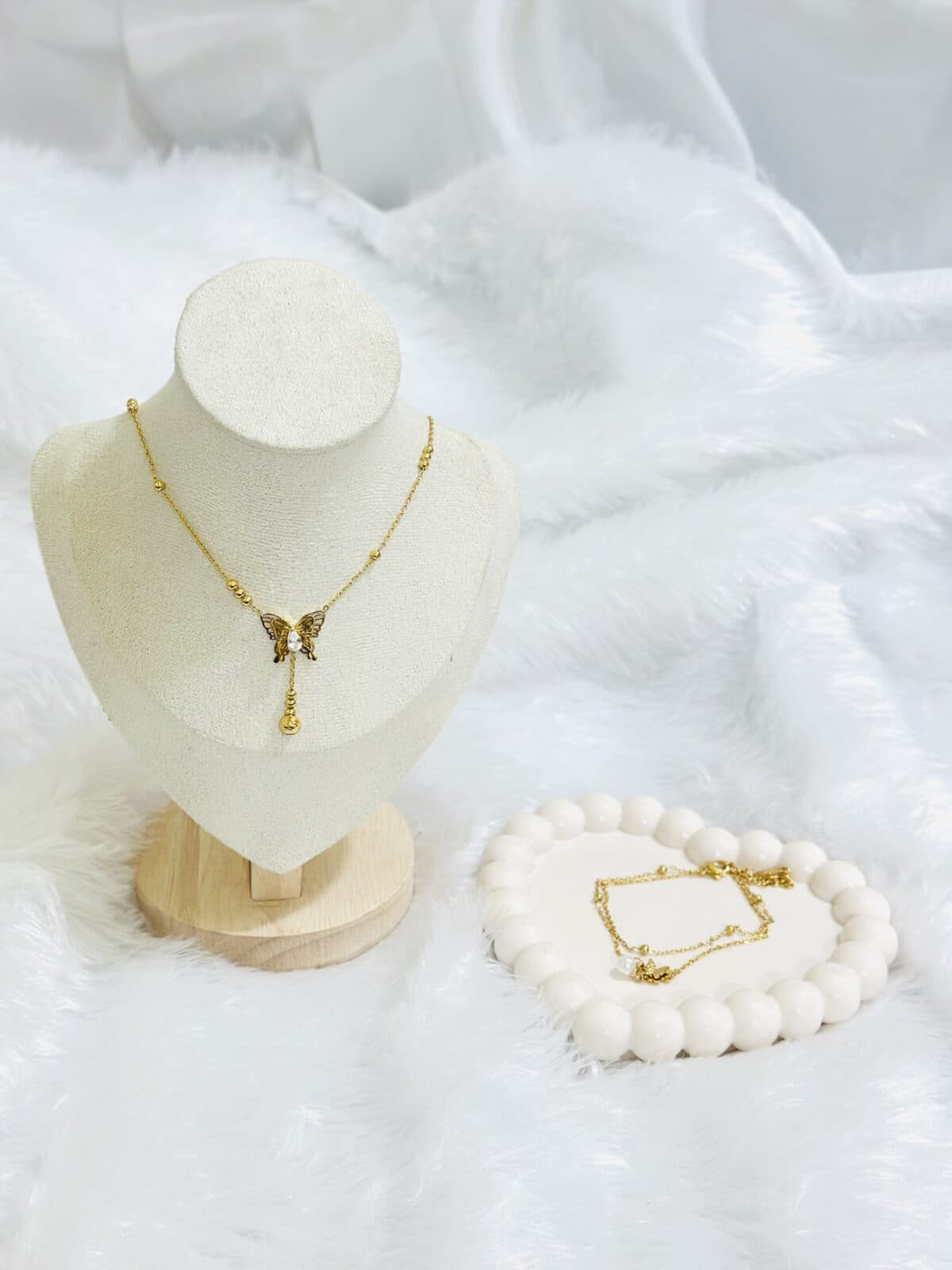 Anti Tarnish Butterfly Drop Necklace + Bracelet Combo
