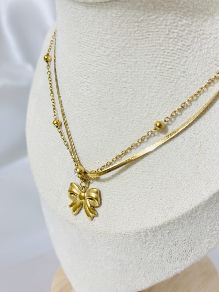 Anti Tarnish Bow Charm Layered Necklace