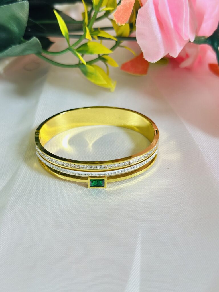 Anti Tarnish Emerald Accent Dual Line Bangle